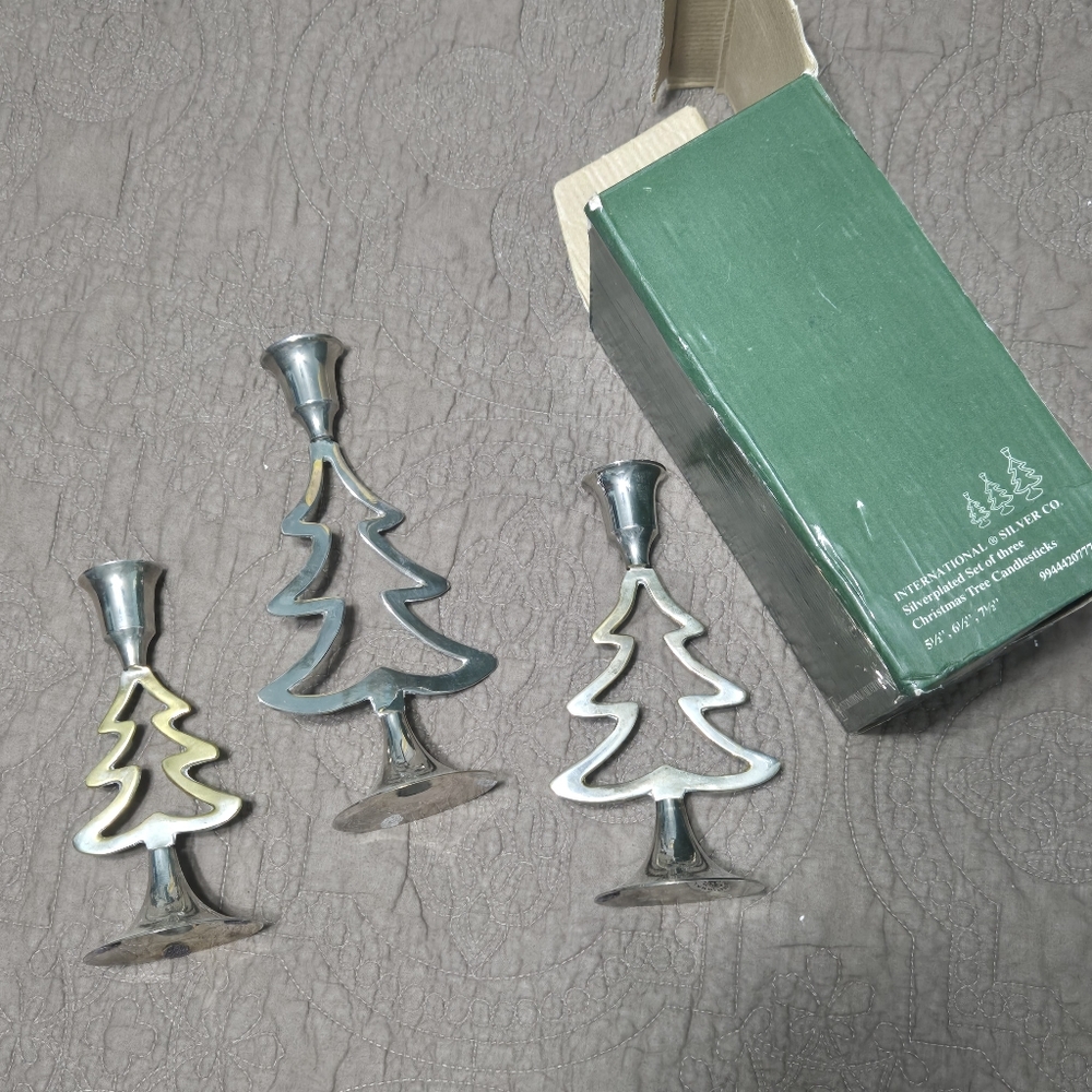 International Silver Company Silver Christmas Tree Candlestick Holder Set